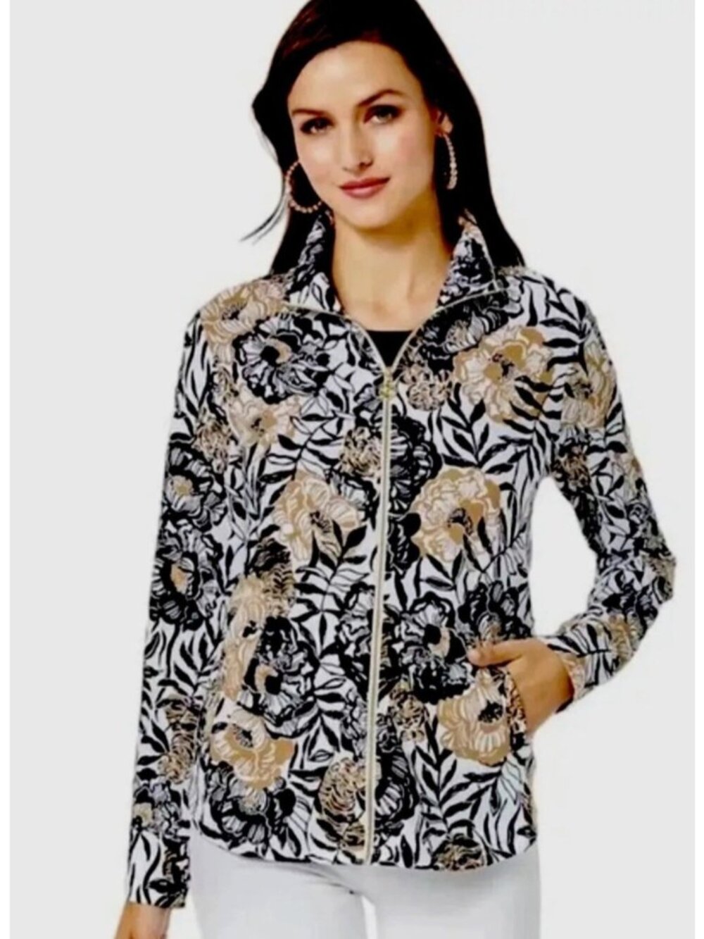 Lilly Pulitzer Leona Full-Zip Jacket Onyx Peony Party Long-Sleeve Beach Vacation